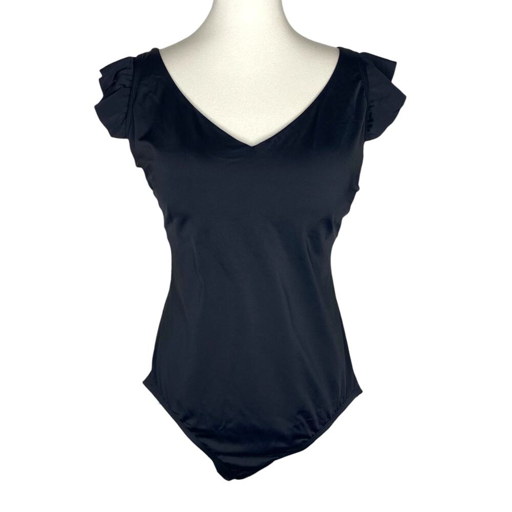 Time and Tru One Piece Swimsuit Black Ruffle Strap V Neck Size 2X 20W-22W Retro - Picture 2 of 16